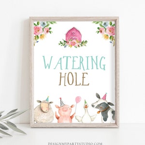 Watering Hole Birthday Sign Drink Table Decor Pink Farm Birthday Girl Farm Animals Table Sign Barnyard Decorations Drinks PRINTABLE 0155