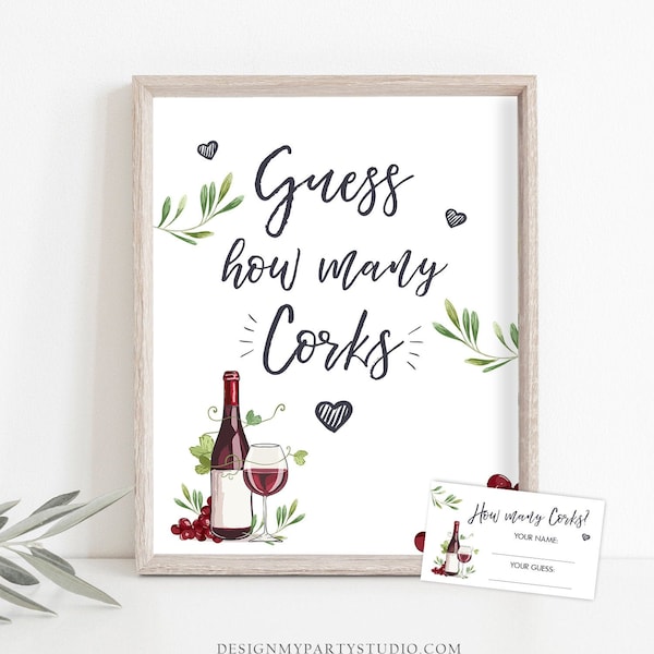 Guess How Many Corks Wine Bridal Shower Game Are in the Jar Wine Tasting Grapes Sign Cards Cork Games Instant Download PRINTABLE 0234