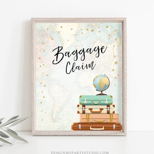 Baggage Claim Sign Travel Adventure Bridal Shower Wedding Baby Shower Globe Suitcases Gold Confetti Instant Download Printable 0263