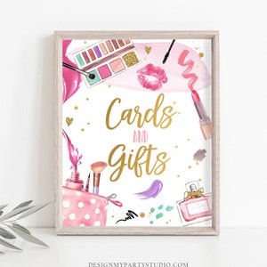 Letrero de tarjetas y regalos para fiesta de spa, cumpleaños de spa, maquillaje, letrero de mesa para niña, decoración con brillos y glamour, fiesta de pijamas, descarga imprimible 0420