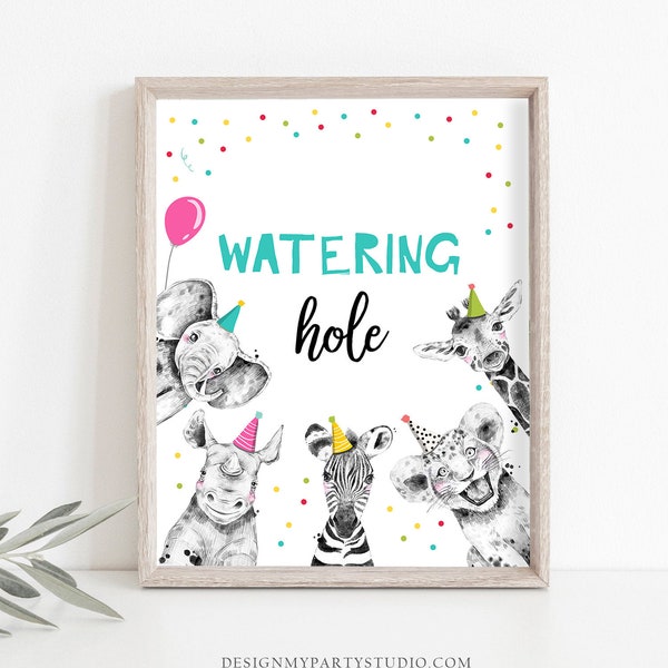 Watering Hole Birthday Sign Drink Table Decor Safari Birthday Wild One Animals Girl Party Animals Table Sign Zoo Party Jungle PRINTABLE 0390
