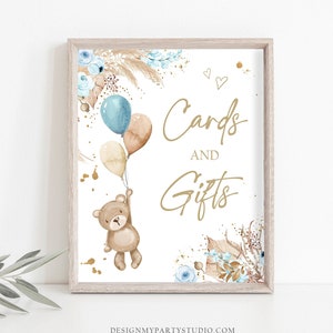 Kaarten en geschenken bord Boho teddybeer babyshower bord Boho babyshower tafel bord cadeau tafel pampagras decor jongen blauw AFDRUKBARE 0421
