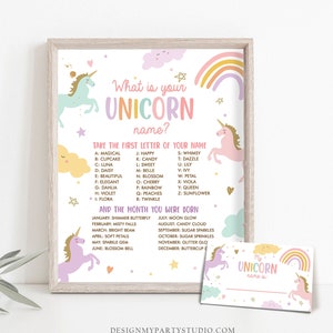 ¿Cuál es tu nombre de unicornio? Juego de cumpleaños de unicornio. Actividad de fiesta. Unicornio mágico. Chica pastel arcoíris. Descarga digital. Imprimible. 0426