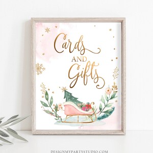 Cards and Gifts Sign Sleigh Winter Onederland First Birthday Party Wonderland Girl Pink Gold Table Sign Decor Digital Printable 0353