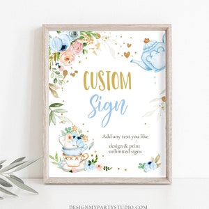 Editable Custom Tea Party Sign Baby Shower Baby is Brewing Floral Blue Gold Whimsical Boy Table Sign 8x10 Corjl Template Printable 0349