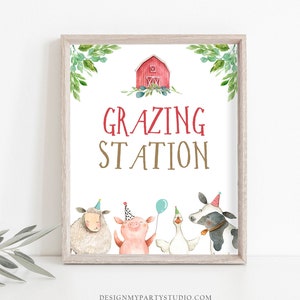Grazing Station Food Party Sign Farm Birthday Sign Table Decor Barnyard Birthday Farm Animals Boy Red Snacks Farm Party Printable 0155