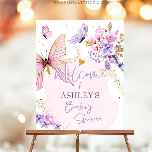Editable Butterfly Welcome Sign Butterfly Baby Shower Butterfly Party Garden Girl Pink Gold Floral Purple Template PRINTABLE Corjl 0437