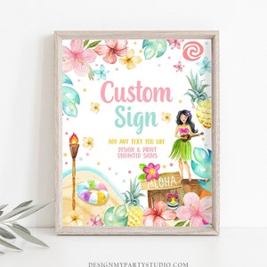 Editable Custom Sign Luau Birthday Decor Hawaiian Party Sign Table Sign Girl Tropical Aloha Pool Party 8x10 Corjl Template Printable 0413