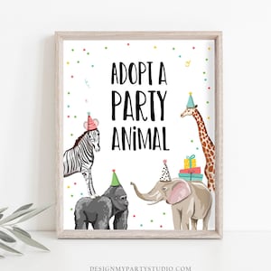 Adoptuj zwierzę Urodziny Znak Dekoracja Stołu Impreza Zwierzęta Urodziny Dzikie Jedno Zwierzęta Zoo Safari Znak Stołu Impreza Zoo Dżungla DO DRUKU 0142