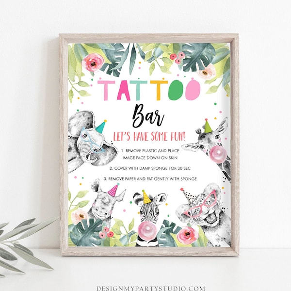 Tattoo Bar Sign Party Animals Birthday Sign Safari Animals Decor Girl Birthday Wild One Animals Table Zoo Party Jungle PRINTABLE 0322