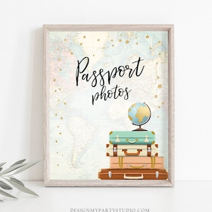 Passport Photos Sign Travel Adventure Bridal Shower Wedding Photo Booth Sign Around World Gold Confetti Instant Download Printable 0263