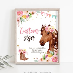 Editable Custom Horse Birthday Party Sign Saddle Up Cowgirl Party Sign Pink Horse Floral Girl Table Sign 8x10 Corjl Template Printable 0408