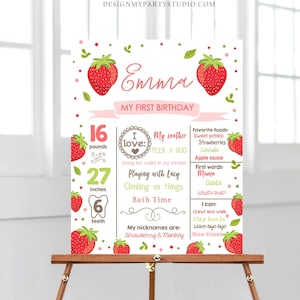 Editable Birthday Milestones Sign Strawberry First Birthday Girl Pink Red Strawberry Decor Summer Download Template Printable Corjl 0091
