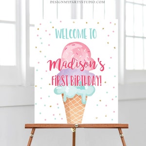 Editable Ice Cream Party Welcome Sign ice Cream Birthday Welcome Ice Cream Welcome Girl Summer Pink Purple Template PRINTABLE Corjl 0243 image 1