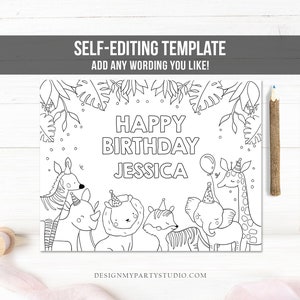 Editable Coloring Page Safari Animals Birthday Party Activity Game Wild One Birthday Zoo Jungle Party Instant Download PRINTABLE Corjl 0163