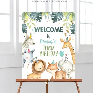 Editable Safari Animals Welcome Sign Party Animals Sign Zoo Safari Boy Green Gold Welcome Jungle Sign Birthday Template PRINTABLE Corjl 0163