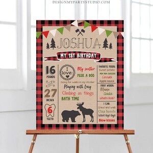 Editable Lumberjack Birthday Milestones Sign Lumberjack Birthday Chalkboard Plaid 1st Birthday Bear Moose Template Printable Corjl 0026