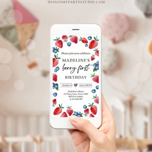 Editable Berry Sweet Birthday Evite Electronic Blueberry Strawberry Picking Party Farmers Market Digital Phone Template Corjl Digital 0399