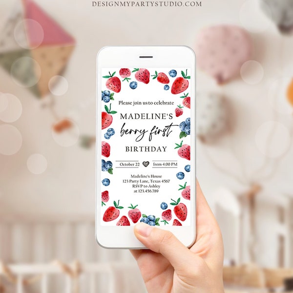 Editable Berry Sweet Birthday Evite Electronic Blueberry Strawberry Picking Party Farmers Market Digital Phone Template Corjl Digital 0399