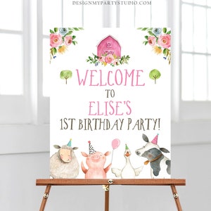 Editable Pink Farm Birthday Welcome Sign Barnyard Birthday Welcome Sign Farm Animals Birthday Welcome Girl Template Corjl PRINTABLE 0155