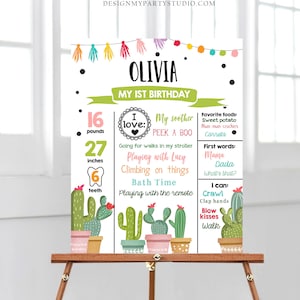Editable Cactus Fiesta Birthday Milestones Sign First Birthday Poster Girl Pink 1st First Mexican Digital Download Template Printable 0254