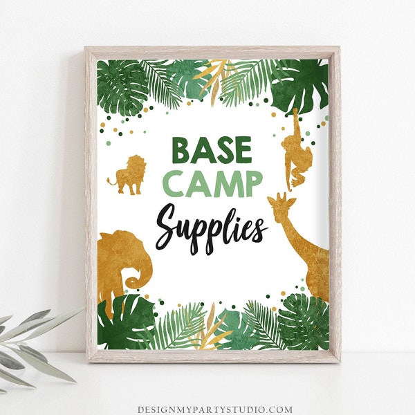 Base Camp Supplies Birthday Sign Boy Food Drinks Safari Animals Party Wild One Tropical Green Gold Jungle Table Sign Decor Printable 0016