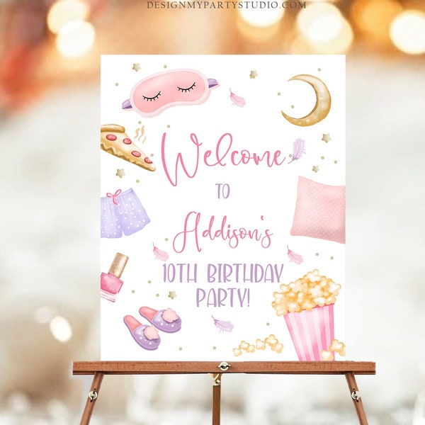 Editable Sleepover Birthday Welcome Sign Slumber Party Poster Pajamas Movie Night Pizza Popcorn Download Template Printable 16x20 Corjl 0447