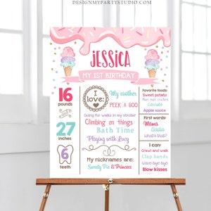 Bearbeitbares Eis Geburtstag Meilensteine Zeichen Mädchen Rosa Erster Geburtstag Tafel 1. Kegel Süß Poster Download Corjl Template Printable 0243