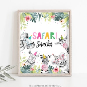 Safari Snacks Birthday Sign Party Drinks Table Bar Food Safari Animals Party Animals Zoo Girl Pink Decor Instant Download Printable 0322