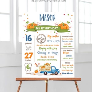 Editable Pumpkin Birthday Milestones Sign Pumpkin Truck Birthday First Birthday Boy Fall Blue Autumn Download Corjl Template Printable 0153