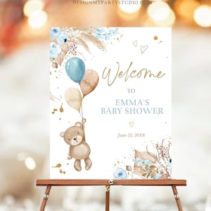Cartello di benvenuto modificabile Boho Teddy Bear Bear Baby Shower Boy Bearly Wait Baby Shower Pampas Grass Boho Modello digitale stampabile 0421