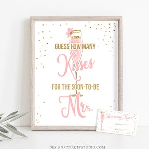 Errate, wie viele Küsse unterzeichnen Brautparty-Party für die bald-zu-Frau Bachelorette Brunch-sprudelnde Hochzeit Champagner-Goldrosa druckbares 0150