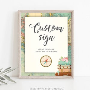 Segno personalizzato modificabile Viaggio addio al nubilato Viaggio Baby Shower Avventura Valigie Mappa vintage Segno Modificabile Modello di segno stampabile 0044