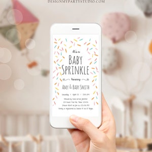 Editable Baby Sprinkle Shower Invitation Baby Shower Evite Gender Neutral Confetti Sprinkles Electronic Digital Corjl Phone Template 0216