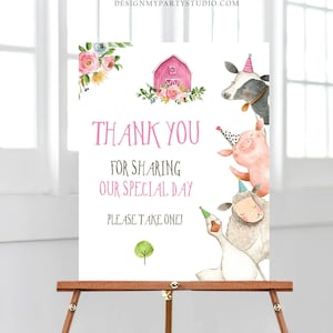 Editable Pink Farm Birthday Thank You Sign Girl Barnyard Birthday Favor Sign Farm Animals Favor Table Digital Template Printable 0155