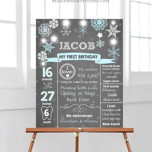 Editable Winter Onederland Birthday Milestones Sign First Birthday 1st Snowflakes Boy Blue Teal Cold Outside Corjl Template Printable 0057