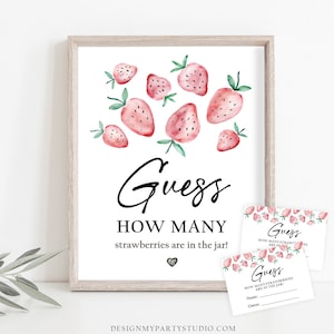 Editable Guess How Many Strawberries Birthday Baby Shower Game Strawberry Are in the Jar Sweet Activity Instant Download Printable 0399
