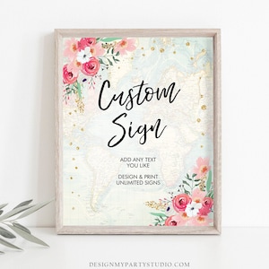 Editable Custom Sign Floral Travel Adventure Bridal Shower Traveling Flowers Pink Gold Confetti Download Corjl Template PRINTABLE 0030 image 1