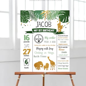 Editable Safari Animals Birthday Milestones Sign Wild One First Birthday Zoo Jungle Party 1st Wild Boy Gold Corjl Template Printable 0016 image 1