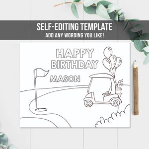 Editable Coloring Page Golf Birthday Party Activity Game Golfing Birthday Hole in One Party Boy Girl Instant Download PRINTABLE Corjl 0405