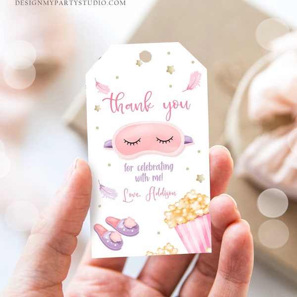 Bearbeitbare Pyjama-Party Danke Tag Sleepover Favor Tags Pink Girl Movie Night Mask Favor Tags Pyjamas Etiketten Vorlage zum Ausdrucken Corjl 0447