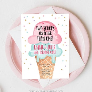 Editable Twin Ice Cream Birthday Invitation First Birthday Two is Better Than One Pink Mint Gold Download Printable Template Corjl 0243