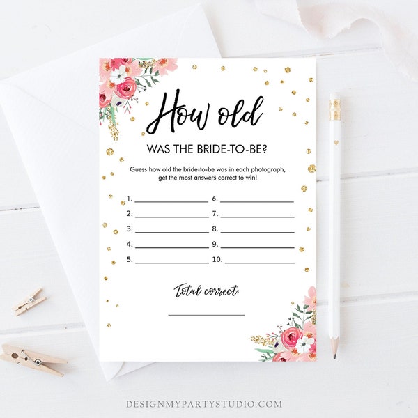 Editable How Old Was The Bride-to-Be Bridal Shower Game Wedding Shower Activity Floral Pink Gold Confetti Corjl Template Printable 0030 0318