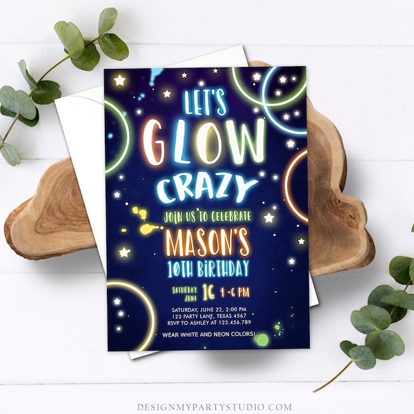 Editable Let's Glow Crazy Birthday Invitation Glow Party Neon Glow In The Dark Party Boy Teen Blue Download Printable Template Corjl 0172