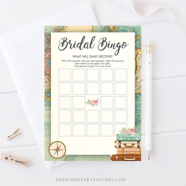 Editable Bridal Bingo Bridal Shower Game Travel Wedding Shower Activity Rustic Suitcases Vintage Map Party Corjl Template Printable 0044