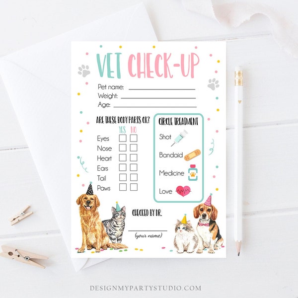 Vet Check Up Exam Sheet Pet Check-Up Dog Cat Birthday Party Puppy Kitten Vet Hospital Adoption Adopt a Pet Girl Download Printable 0384