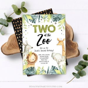 Bearbeitbar Zwei im Zoo Geburtstagseinladung Junge Zweiter Geburtstag 2. Safari Tiere Party Dschungel Grün Gold Zwei Wild Corjl Vorlage 0163