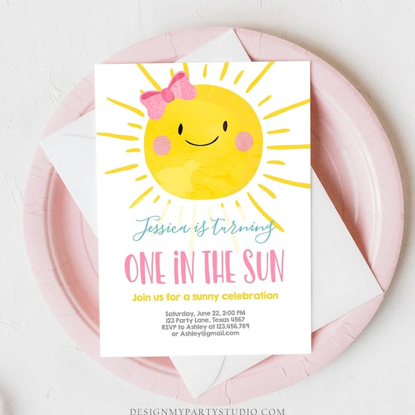 Invito di compleanno modificabile One in the Sun Sunshine Festa estiva Sunshine Festa del primo compleanno Fiocco rosa per bambina Scarica modello Corjl 0141