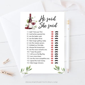 Editable He Said She Said Bridal Shower Game Wine Tasting Vineyard Bride or Groom Wedding Activity Who said it Phrase Digital Template 0234