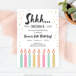 Editable Candles Surprise Birthday Invitation Shhh It's A Surprise Party 30th 40th 50th 60th Adult Download Corjl Template Printable 0277